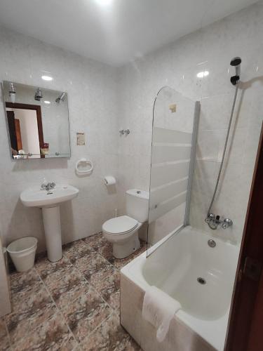 a bathroom with a sink and a toilet and a shower at Hostal La Alberca in La Alberca
