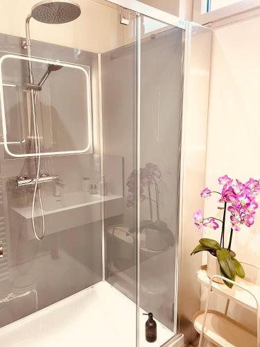 a shower with a glass door in a bathroom at Maison Lumière Arras in Arras