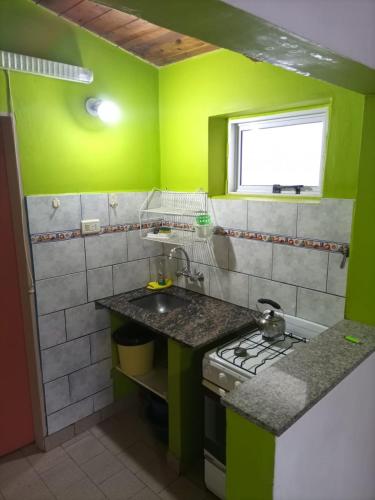 a green kitchen with a sink and a stove at Las Grutas Centro alojamiento in Las Grutas