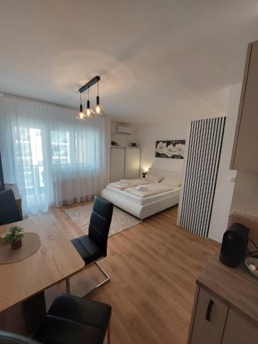a large room with a bed and a table at Apartman Gordana i Andreas in Banja Koviljača