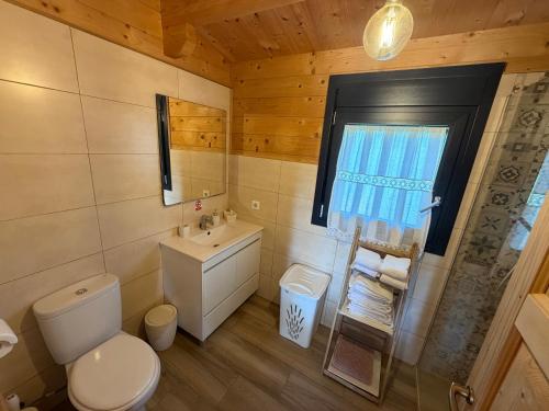 a bathroom with a toilet and a sink and a window at Casas Guemon in Zahora