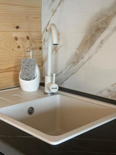 a sink in a kitchen with a counter top at Evergreen cottage in Slavske