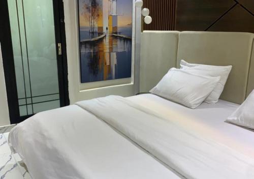 a bed with white sheets and pillows in a room at Mega Luxury Apartment in Asagba