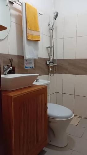 a bathroom with a white toilet and a sink at Côté Plage Kribi Studio Soleil in Kribi