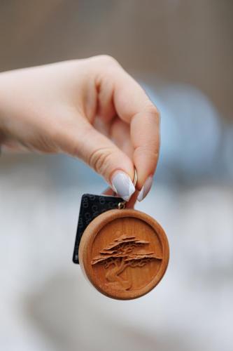 a hand holding a wooden medal with a plant on it at Dream Park in Gyulagarak