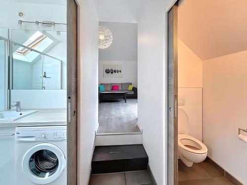 a bathroom with a washer and dryer in it at Gite Donald proche Colmar in Ingersheim