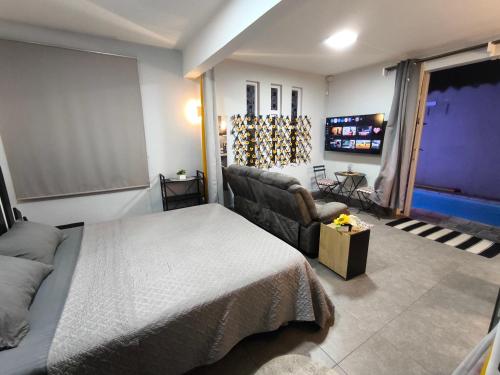 a bedroom with a bed and a couch and a tv at Piscines Privées et Chauffées, Private Heated Pools in Grand-Baie
