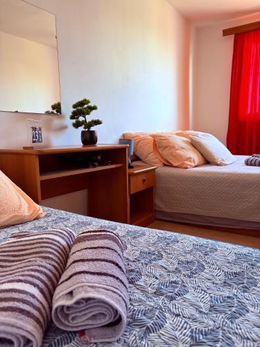 a bedroom with two beds and a desk with a plant at Apartmani Maria in Preko