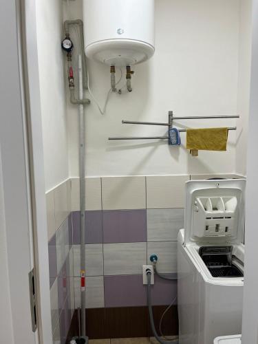 a small bathroom with a sink and a toaster at Útulný 1kk byt in Líšnice