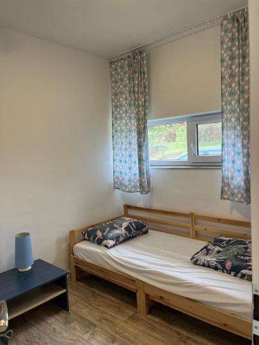 a bedroom with a bed and a window at Útulný 1kk byt in Líšnice