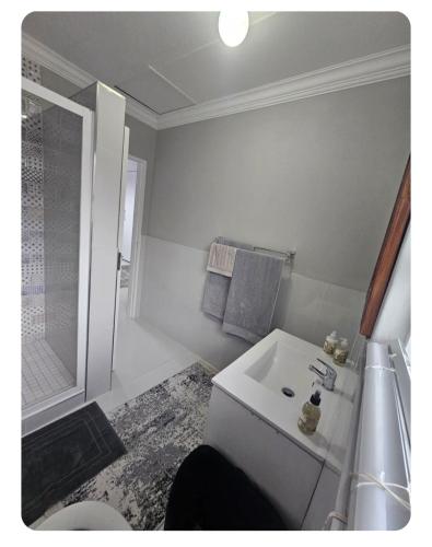 a white bathroom with a sink and a shower at StayAtGoethe in Secunda