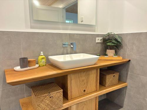 a bathroom counter with a sink and a mirror at Villa Bergsmåla in Eringsboda
