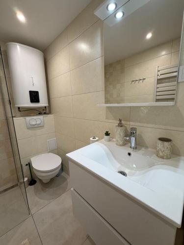 a bathroom with a white sink and a toilet at Harmat Apartman Hajdúnánás in Hajdúnánás