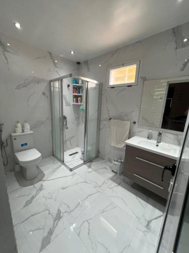 a bathroom with a shower sink and a toilet at Safae in Agadir