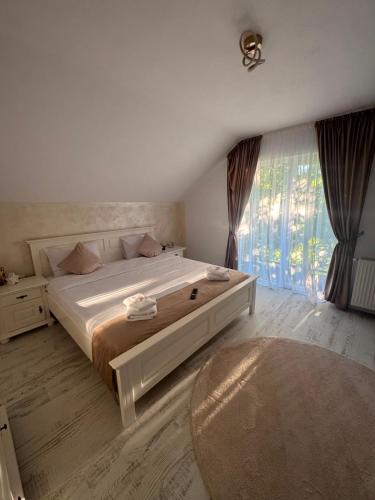 a bedroom with a large bed and a large window at Casa din Frasin in Poiana Mărului