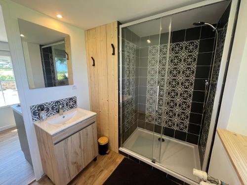 a bathroom with a shower and a sink at Ty glaz in Plouguerneau