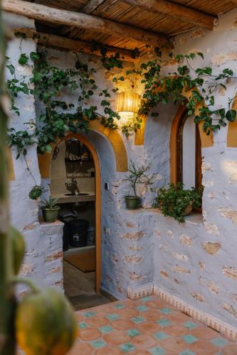 a stone building with potted plants on the wall at Berber Beldi Camp in Imsouane