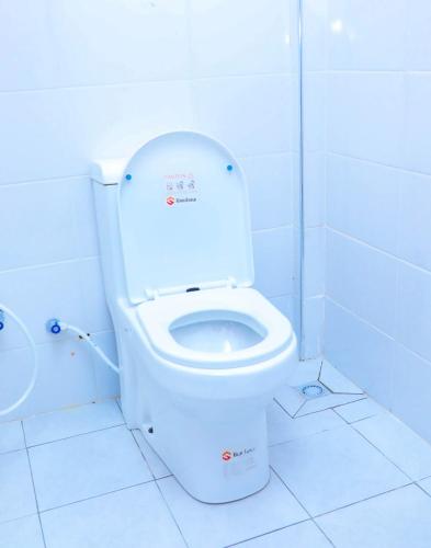 a bathroom with a white toilet and a shower at Zanzibar Rahaa in Dar es Salaam