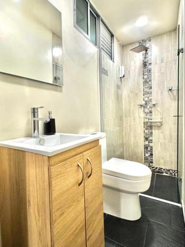 a bathroom with a sink and a toilet and a shower at Apartamento Tranquilo y Acogedor in Sabaneta