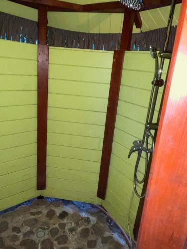 a shower in a room with a green wall at Hutte Karaib Reve de Robinson Une cabane perchee au cœur de la nature tropicale vue mer in Terre-de-Bas