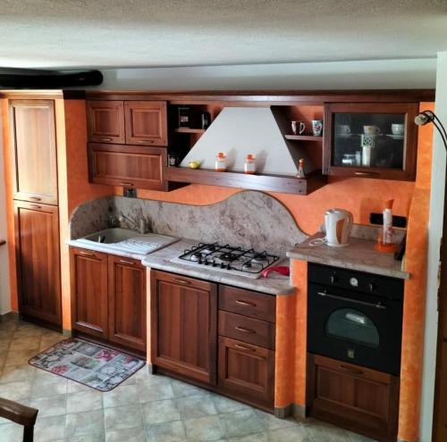 a kitchen with wooden cabinets and a stove top oven at La Betulla in Oyace