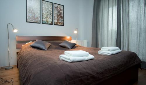 シュチェチンにあるApartamenty Sedinum - Modernのベッドルーム1室(大型ベッド1台、タオル2枚付)