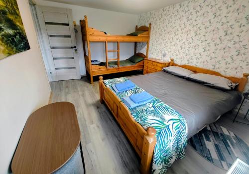 a bedroom with a bed and a bunk bed at Plate lyn atostogų būstas in Plateliai