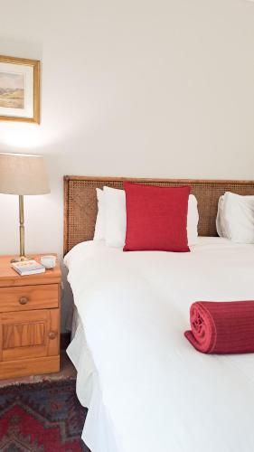 a bedroom with two beds with a red pillow and a nightstand at Cruise Cottage in Stanford