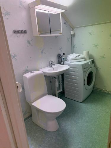 a bathroom with a toilet and a sink and a washing machine at Apartment Målargården in Uddeholm