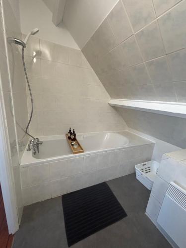 a bathroom with a bath tub with a shower at Maison près de la mer in Yffiniac