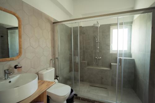 a bathroom with a shower and a toilet and a sink at Lavender Suite in Paránimfoi