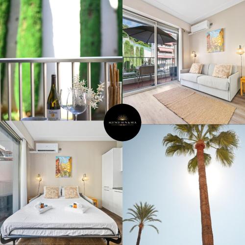 a room with a bed and a palm tree at La Plage - Studio - Face à la Mer - Clim Terrasse in Menton
