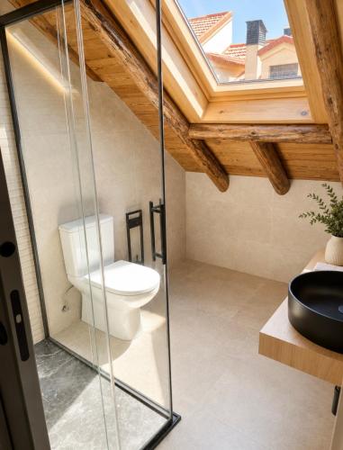 a bathroom with a toilet in a room with wooden ceilings at La casa Suiza in Cercedilla