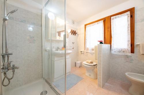 a bathroom with a shower and a toilet and a sink at Puria Rustic Lake View Apartment in Valsolda