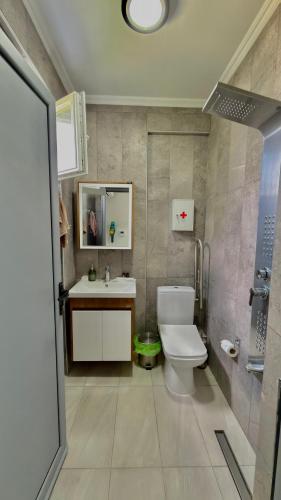 a bathroom with a toilet and a sink at Platan Paradise in Maronia