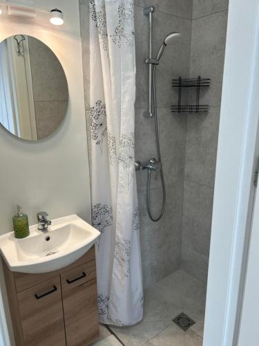a bathroom with a shower curtain and a sink at Rainbow Palanga in Palanga