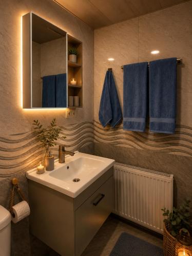 a bathroom with a sink and a mirror and blue towels at Nia&Mari in Telavi
