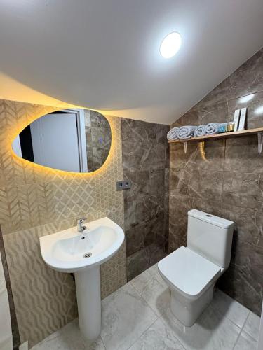 a bathroom with a sink and a toilet and a mirror at EmiLiza in Kobuleti