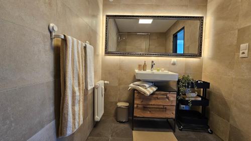 a bathroom with a sink and a mirror at Feel Home Apartment in Dornbirn