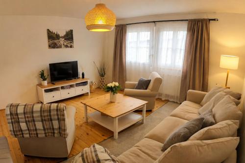 a living room with a couch and a table at Apartmány Lipno 46 in Lipno nad Vltavou