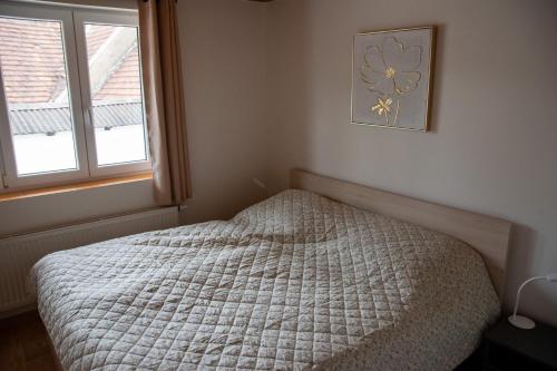 a bedroom with a bed and a window at Apartmán Cukrárna in Mladá Vožice