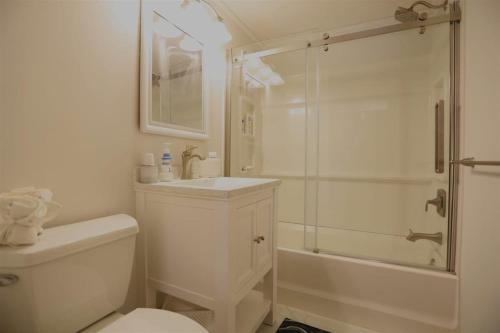 a bathroom with a shower and a toilet and a sink at Goose Hollow 19 Estates Pet Friendly Private Waterfront Home in Campton