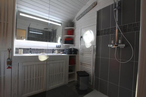 uma casa de banho com um lavatório e um chuveiro em MAROSENIA TTIKI - Cabanes et Spa em Ascain