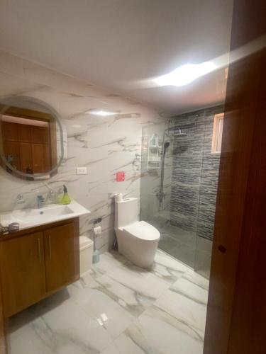 a bathroom with a shower and a toilet and a sink at Las Tres Casitas in San Felipe de Puerto Plata