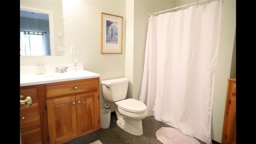 a bathroom with a toilet and a white shower curtain at Weetamoo Trail 50 Estates Relax in the White Mountains in Campton