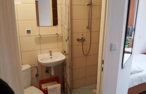 a small bathroom with a sink and a toilet at OWR Piramida 2 in Darlowko