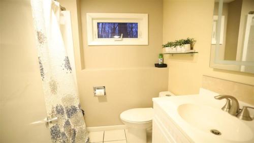 a bathroom with a toilet and a sink and a window at Green Circle 29 Estates Pet Friendly Private Home in Waterville Estates in Campton
