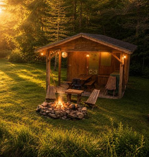 a wooden cabin with a fire pit in the grass at Cozy Cabin w Pavilion Deck Fireplace & FirePit in Terra Alta