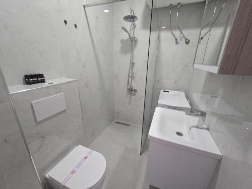 a bathroom with a shower and a toilet and a sink at Hotel Sutomore & Apartments in Sutomore