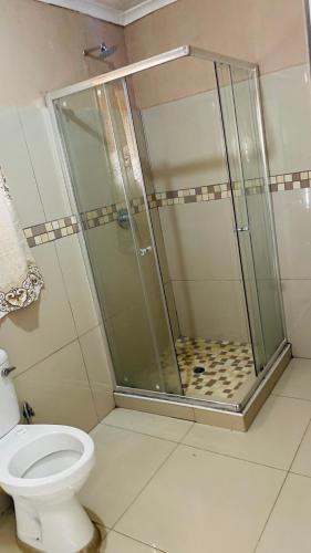 a bathroom with a shower and a toilet at Umthombo guest house in Mbabane
